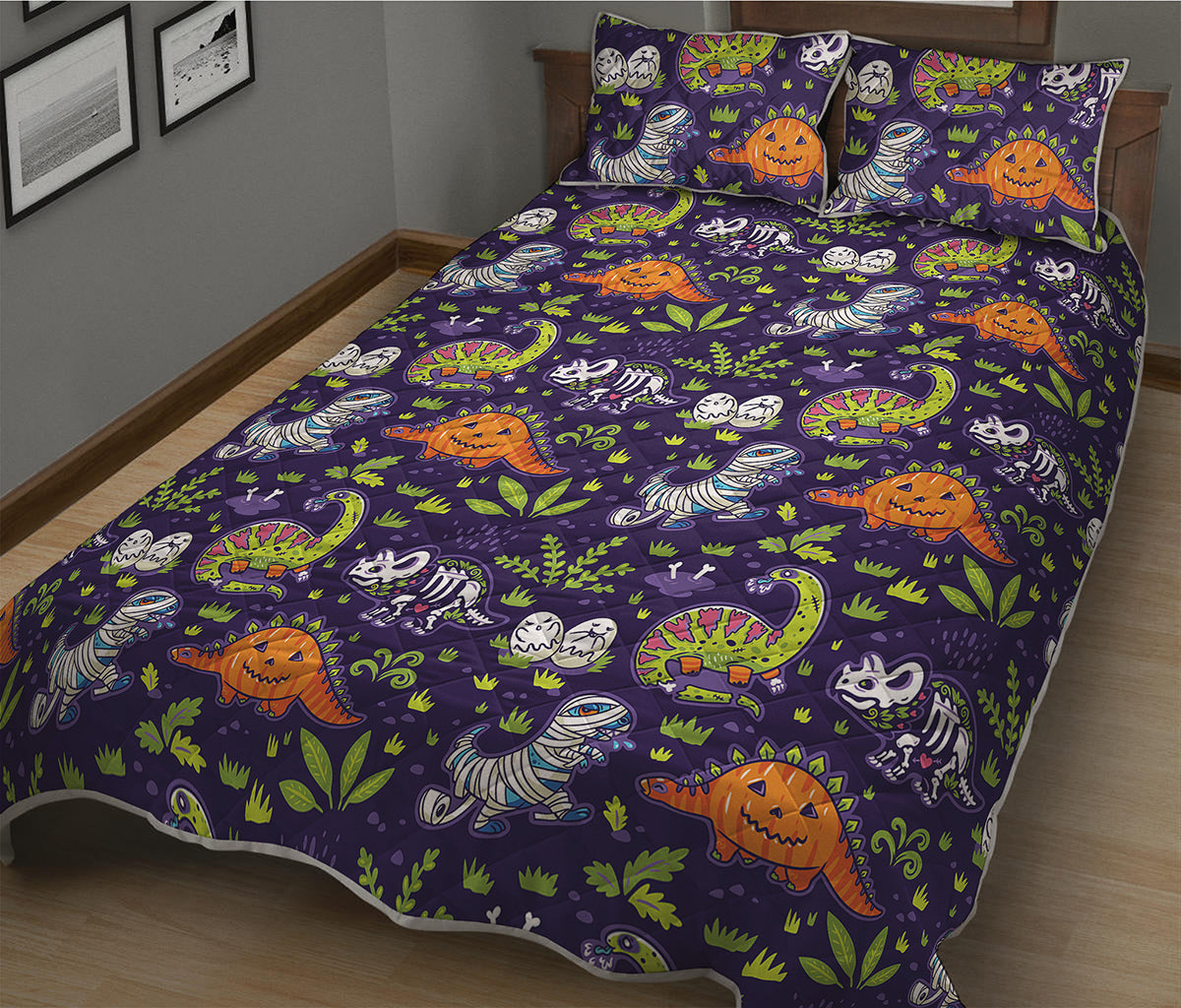 Cute Dino Halloween Pattern Print Quilt Bed Set