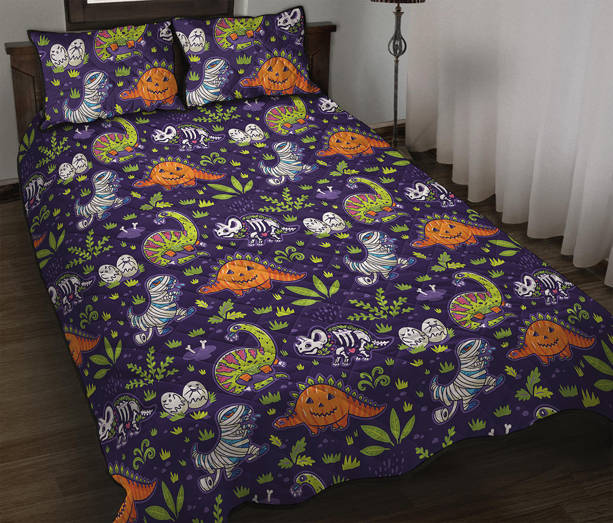Cute Dino Halloween Pattern Print Quilt Bed Set