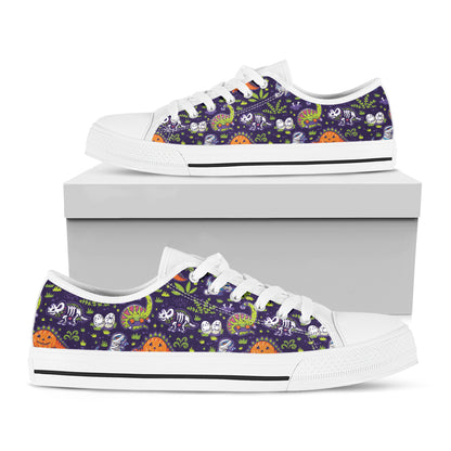 Cute Dino Halloween Pattern Print White Low Top Shoes
