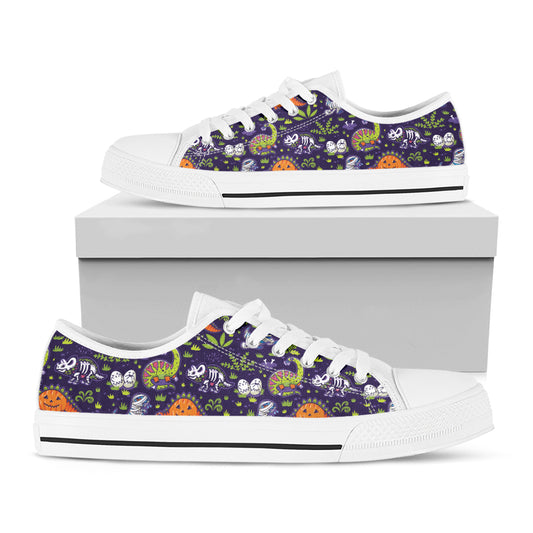 Cute Dino Halloween Pattern Print White Low Top Shoes