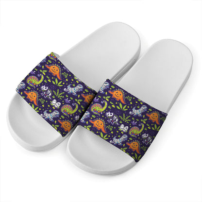 Cute Dino Halloween Pattern Print White Slide Sandals