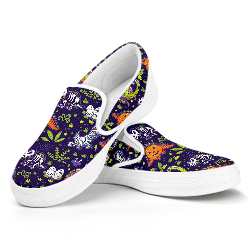 Cute Dino Halloween Pattern Print White Slip On Shoes