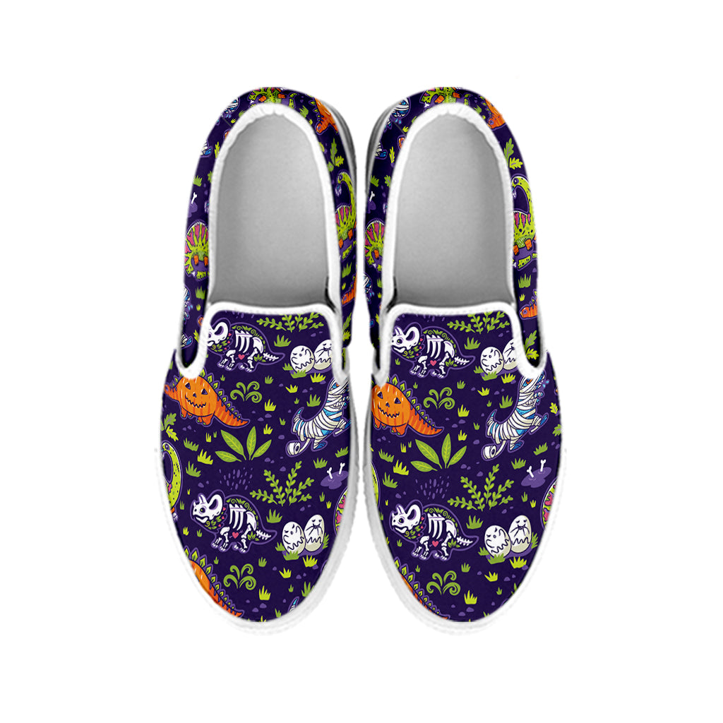 Cute Dino Halloween Pattern Print White Slip On Shoes