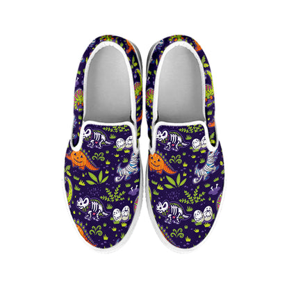Cute Dino Halloween Pattern Print White Slip On Shoes