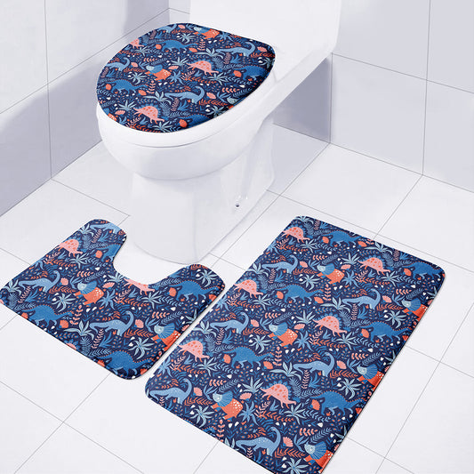 Cute Dino Leaves And Flowers Print 3 Piece Bath Mat Set
