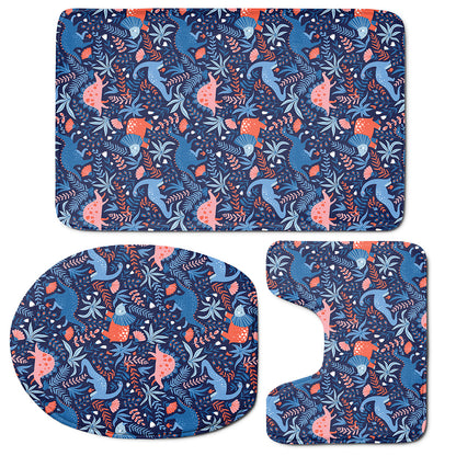 Cute Dino Leaves And Flowers Print 3 Piece Bath Mat Set