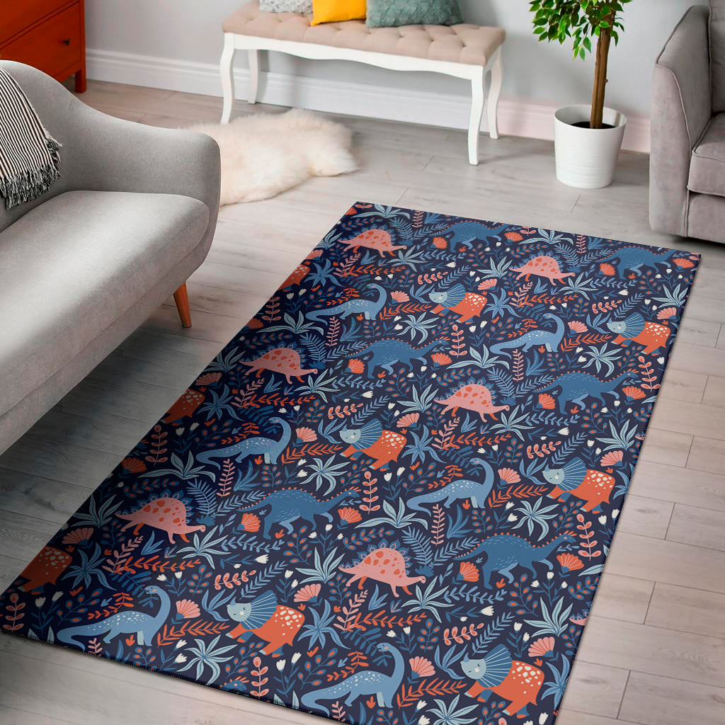 Cute Dino Leaves And Flowers Print Area Rug