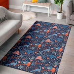 Cute Dino Leaves And Flowers Print Area Rug