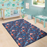 Cute Dino Leaves And Flowers Print Area Rug