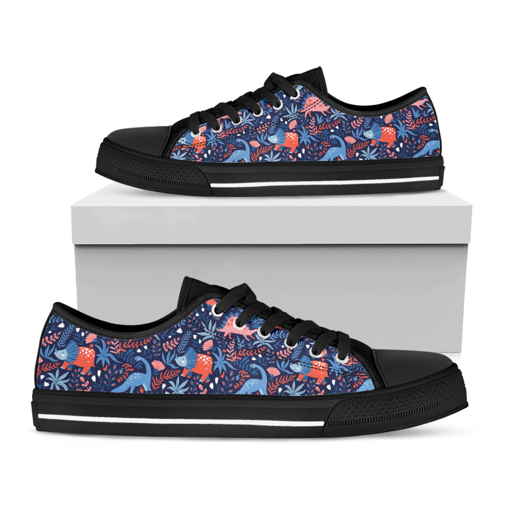 Cute Dino Leaves And Flowers Print Black Low Top Shoes