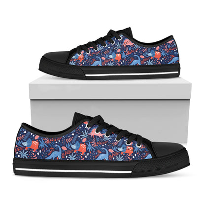 Cute Dino Leaves And Flowers Print Black Low Top Shoes