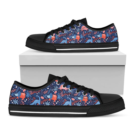 Cute Dino Leaves And Flowers Print Black Low Top Shoes
