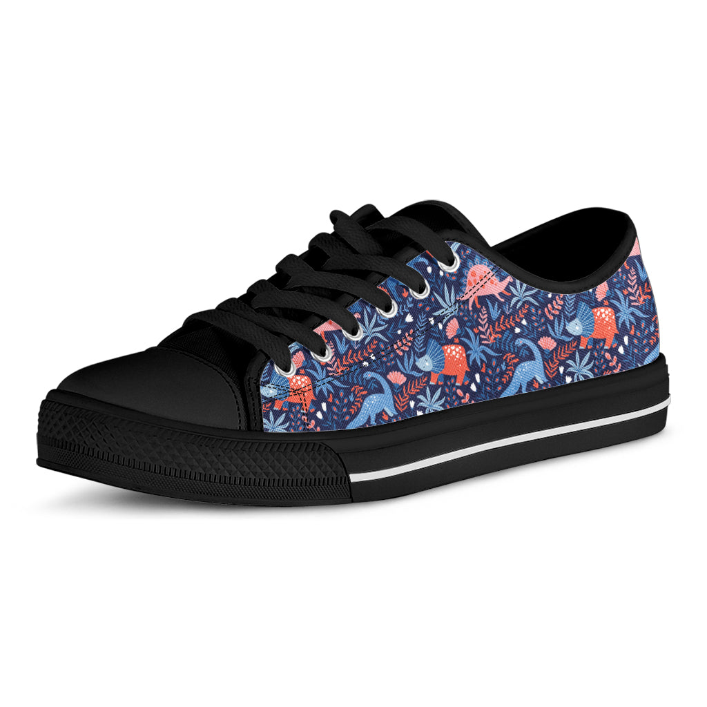 Cute Dino Leaves And Flowers Print Black Low Top Shoes