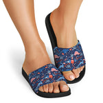 Cute Dino Leaves And Flowers Print Black Slide Sandals