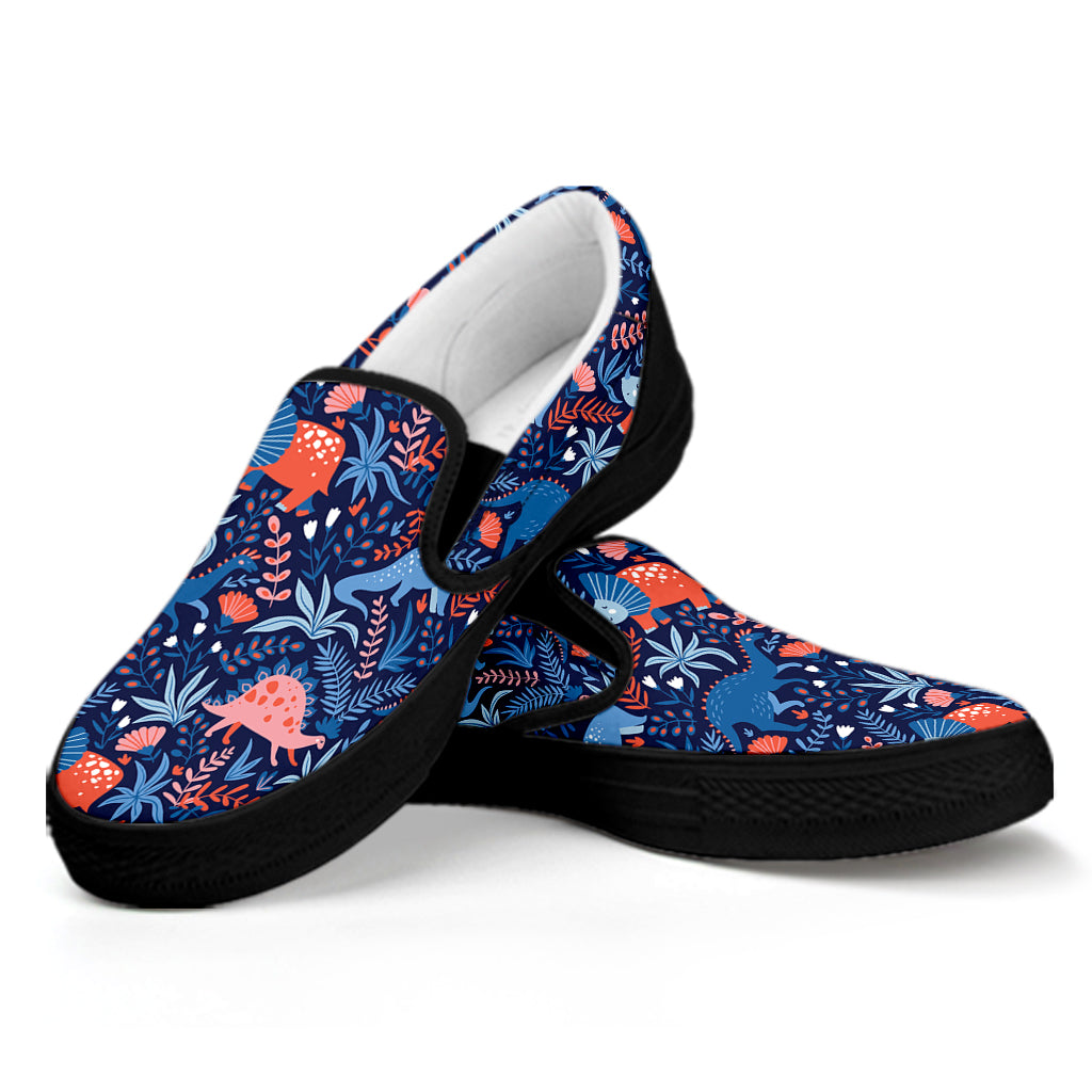 Cute Dino Leaves And Flowers Print Black Slip On Shoes
