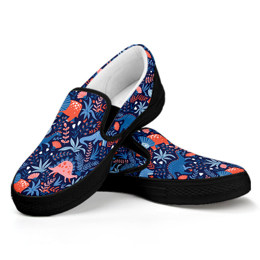 Cute Dino Leaves And Flowers Print Black Slip On Shoes