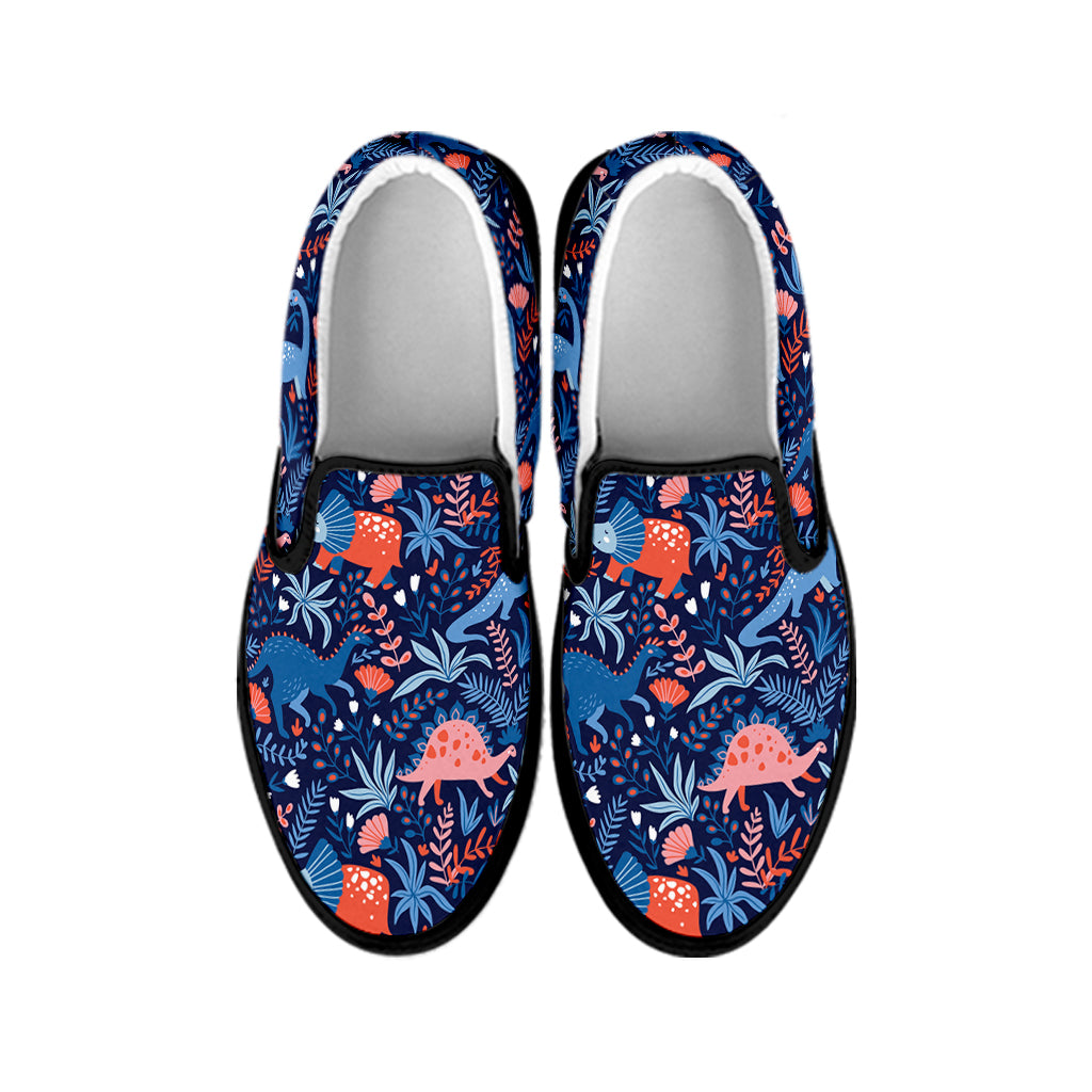 Cute Dino Leaves And Flowers Print Black Slip On Shoes