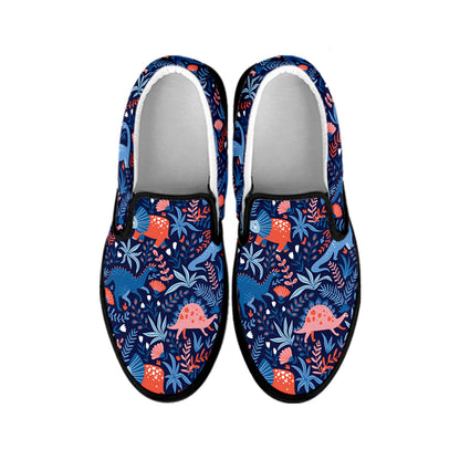 Cute Dino Leaves And Flowers Print Black Slip On Shoes