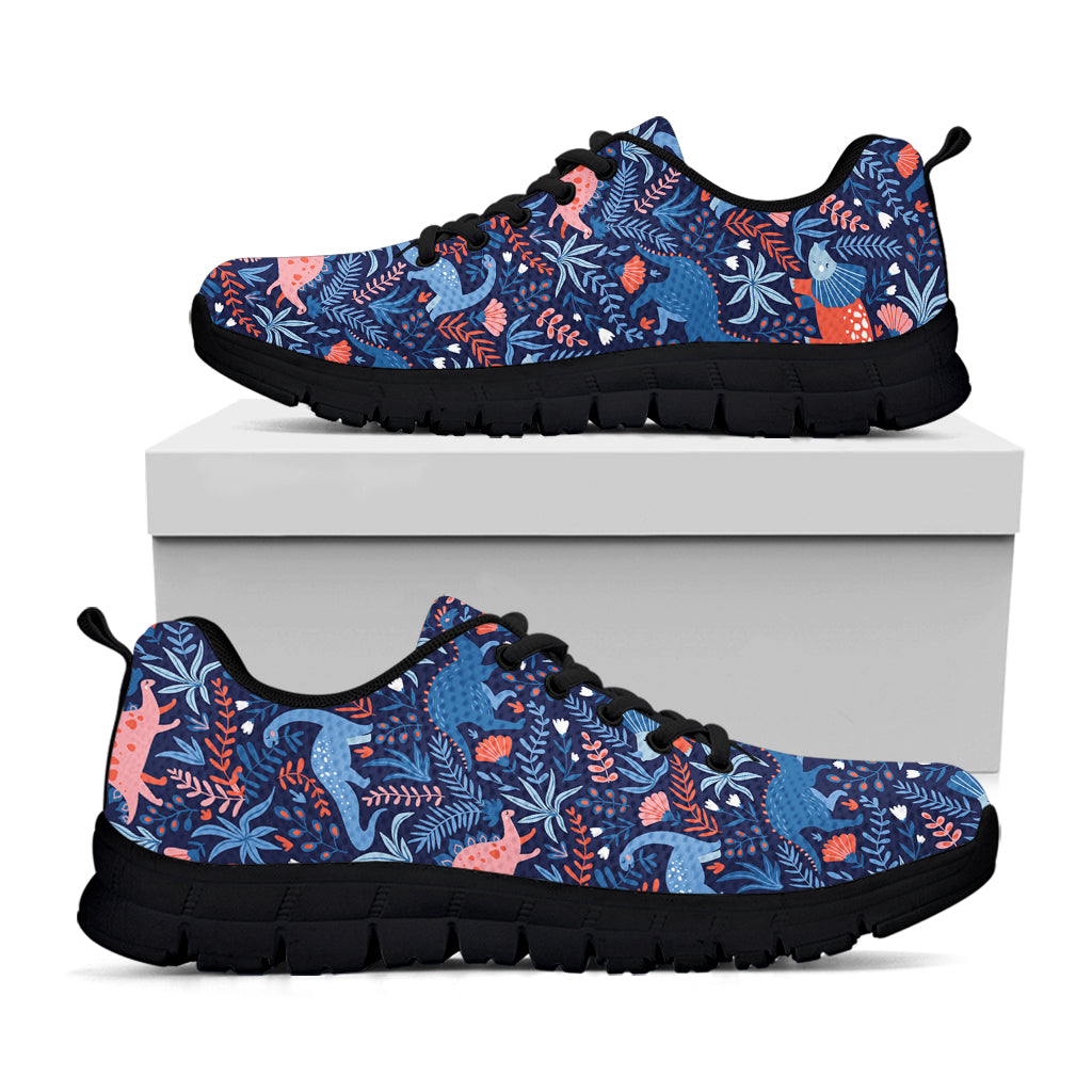 Cute Dino Leaves And Flowers Print Black Sneakers