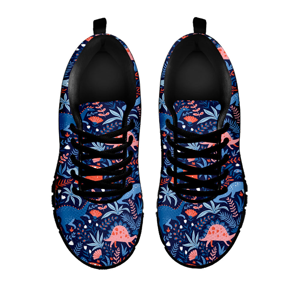 Cute Dino Leaves And Flowers Print Black Sneakers