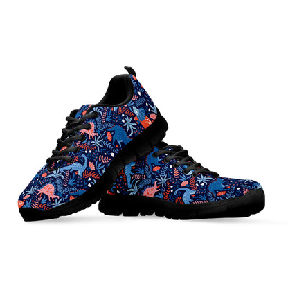Cute Dino Leaves And Flowers Print Black Sneakers
