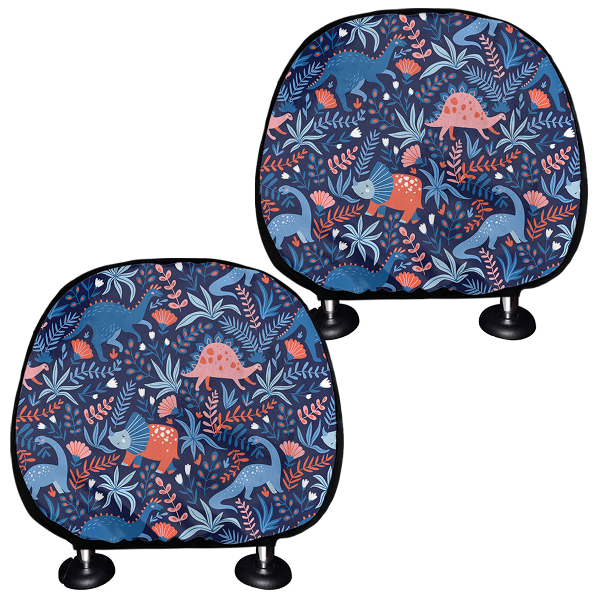 Cute Dino Leaves And Flowers Print Car Headrest Covers