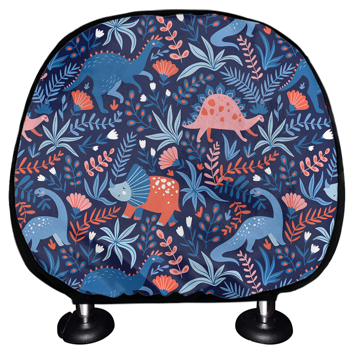 Cute Dino Leaves And Flowers Print Car Headrest Covers