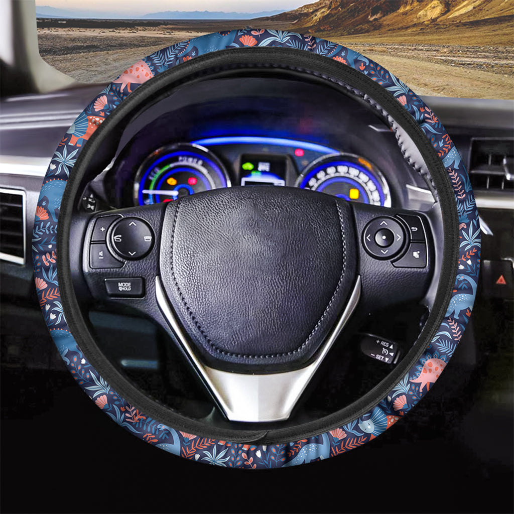 Cute Dino Leaves And Flowers Print Car Steering Wheel Cover