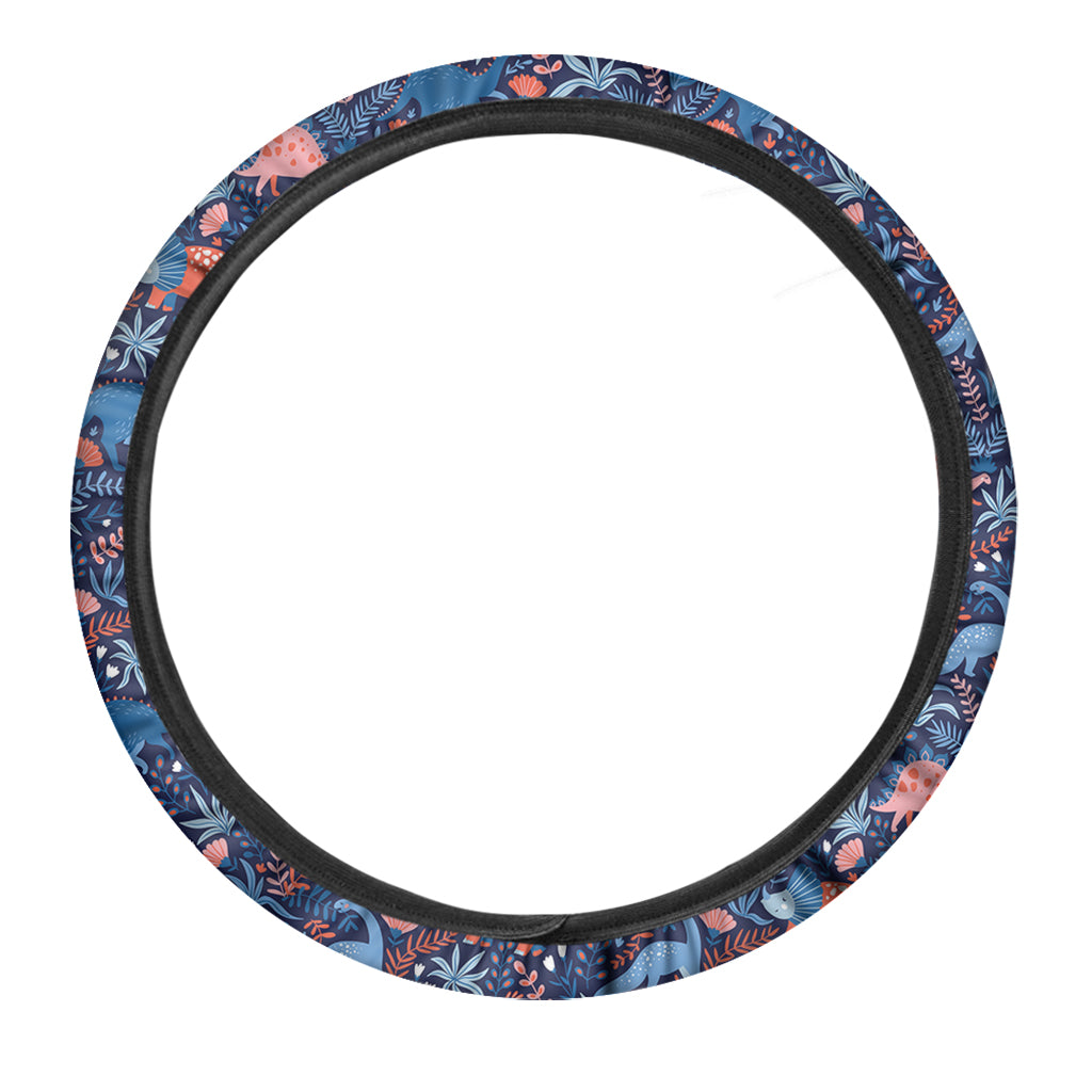 Cute Dino Leaves And Flowers Print Car Steering Wheel Cover