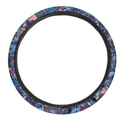 Cute Dino Leaves And Flowers Print Car Steering Wheel Cover