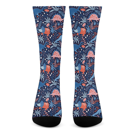 Cute Dino Leaves And Flowers Print Crew Socks