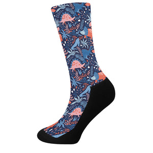 Cute Dino Leaves And Flowers Print Crew Socks