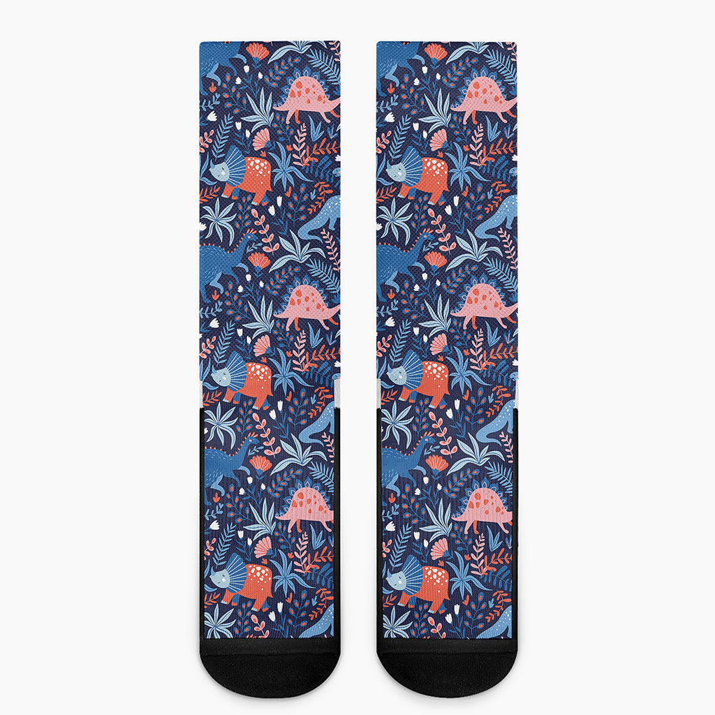 Cute Dino Leaves And Flowers Print Crew Socks