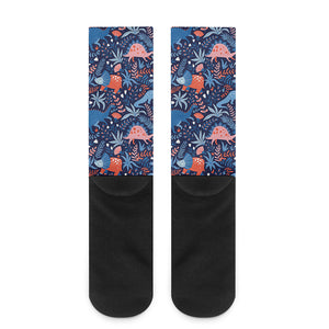 Cute Dino Leaves And Flowers Print Crew Socks