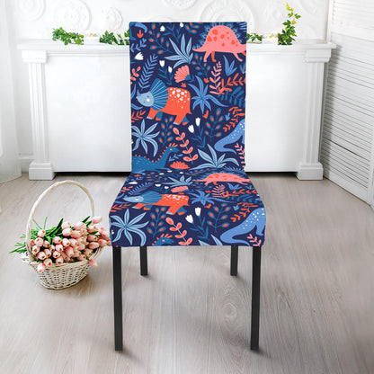 Cute Dino Leaves And Flowers Print Dining Chair Slipcover