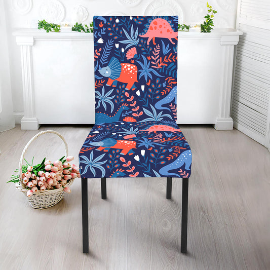 Cute Dino Leaves And Flowers Print Dining Chair Slipcover