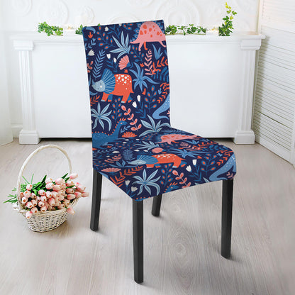 Cute Dino Leaves And Flowers Print Dining Chair Slipcover