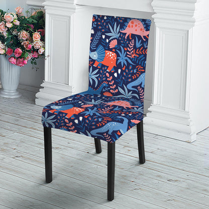 Cute Dino Leaves And Flowers Print Dining Chair Slipcover