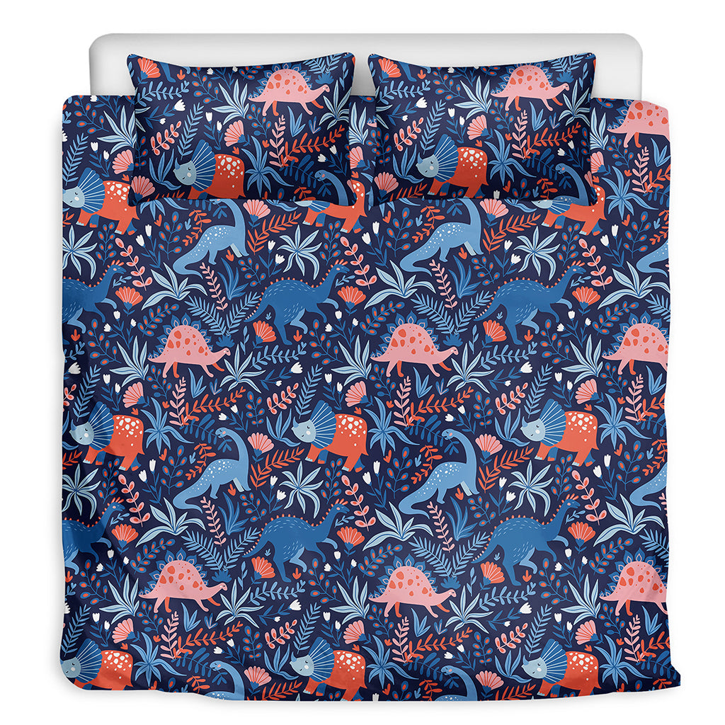 Cute Dino Leaves And Flowers Print Duvet Cover Bedding Set