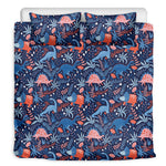 Cute Dino Leaves And Flowers Print Duvet Cover Bedding Set