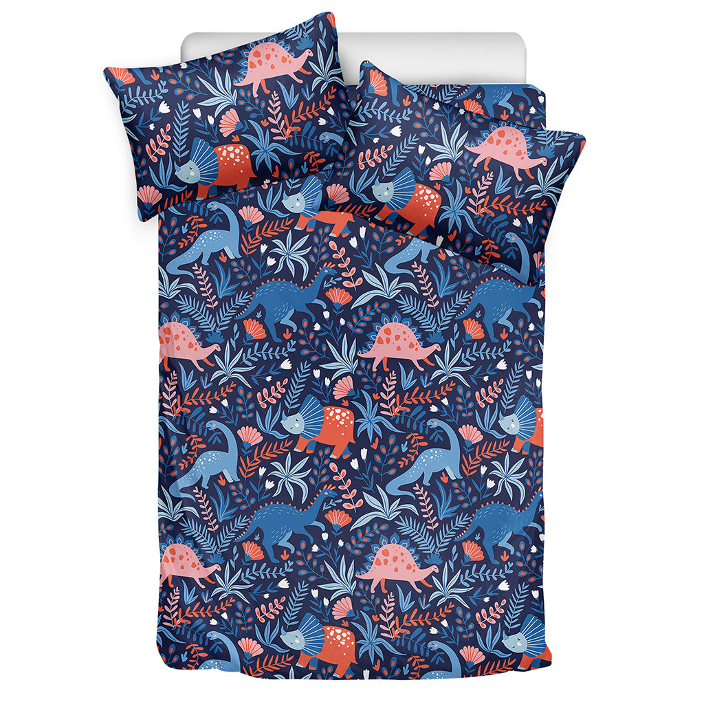 Cute Dino Leaves And Flowers Print Duvet Cover Bedding Set