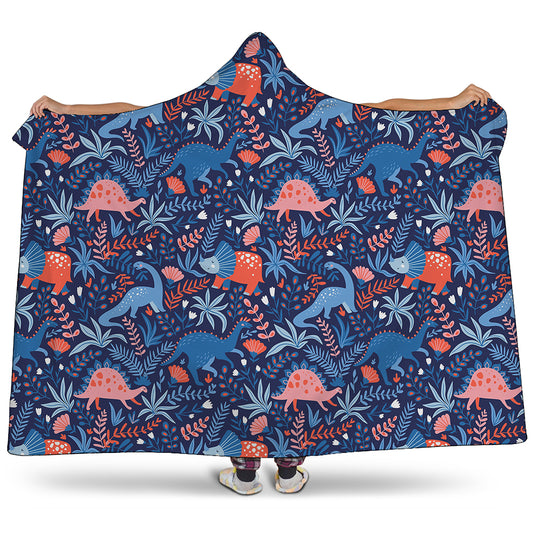Cute Dino Leaves And Flowers Print Hooded Blanket