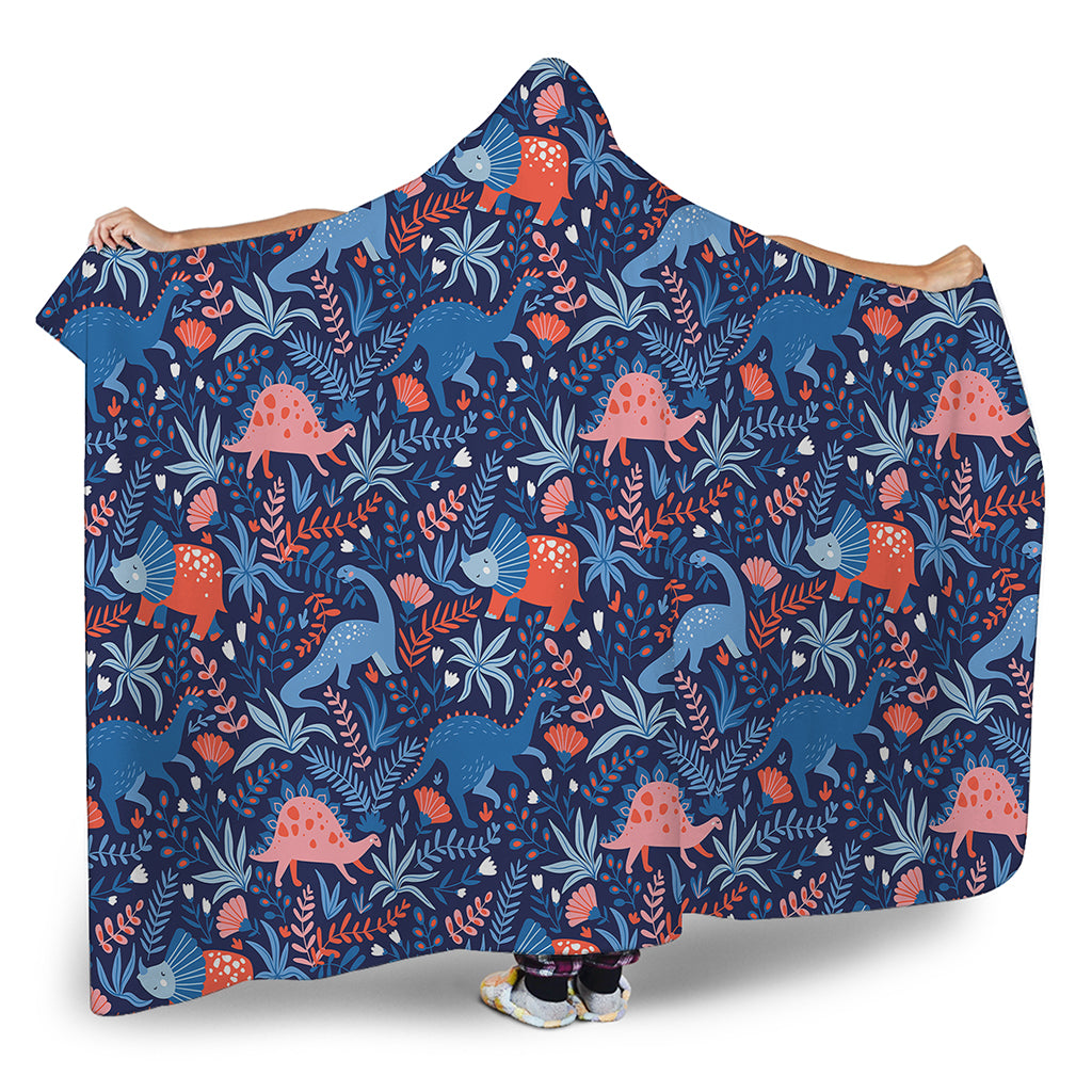 Cute Dino Leaves And Flowers Print Hooded Blanket