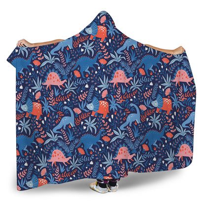 Cute Dino Leaves And Flowers Print Hooded Blanket