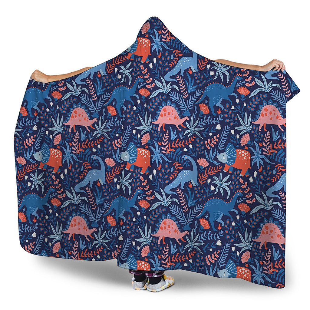 Cute Dino Leaves And Flowers Print Hooded Blanket