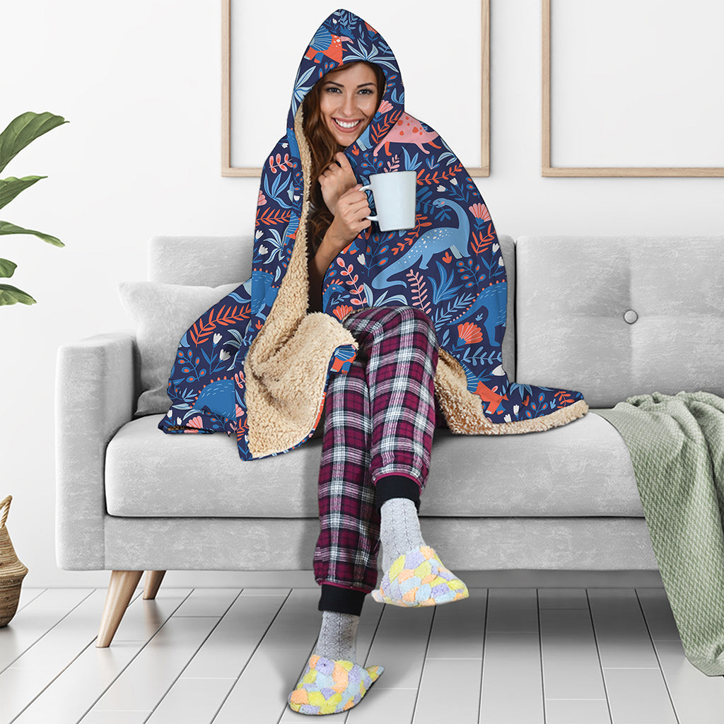 Cute Dino Leaves And Flowers Print Hooded Blanket