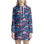 Cute Dino Leaves And Flowers Print Hoodie Dress