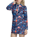 Cute Dino Leaves And Flowers Print Hoodie Dress