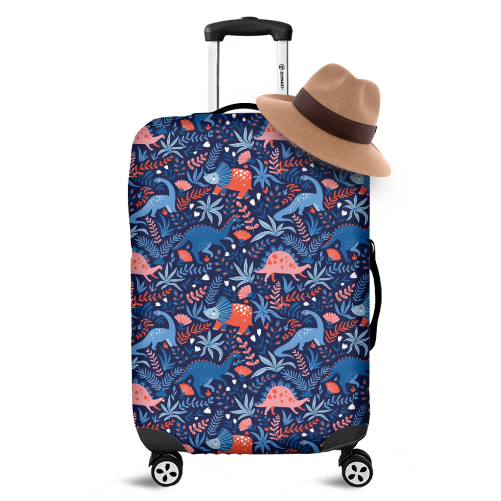 Cute Dino Leaves And Flowers Print Luggage Cover