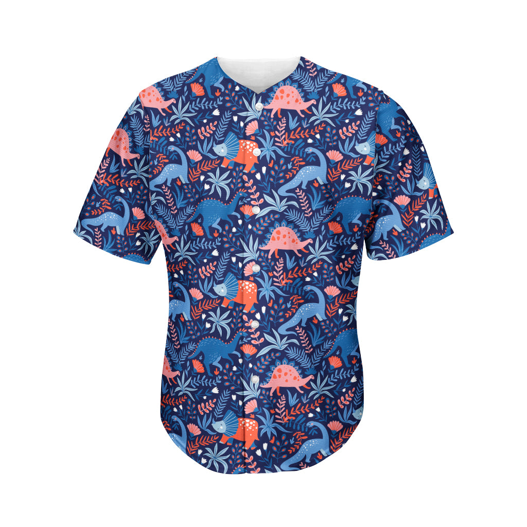 Cute Dino Leaves And Flowers Print Men's Baseball Jersey